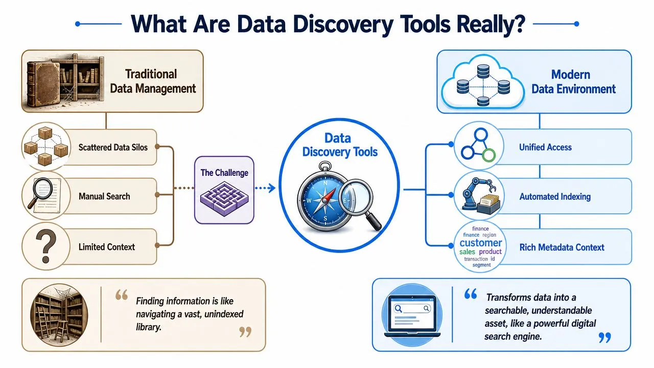 An infographic illustrating how data discovery tools solve the challenges of fragmented and manual data management systems.