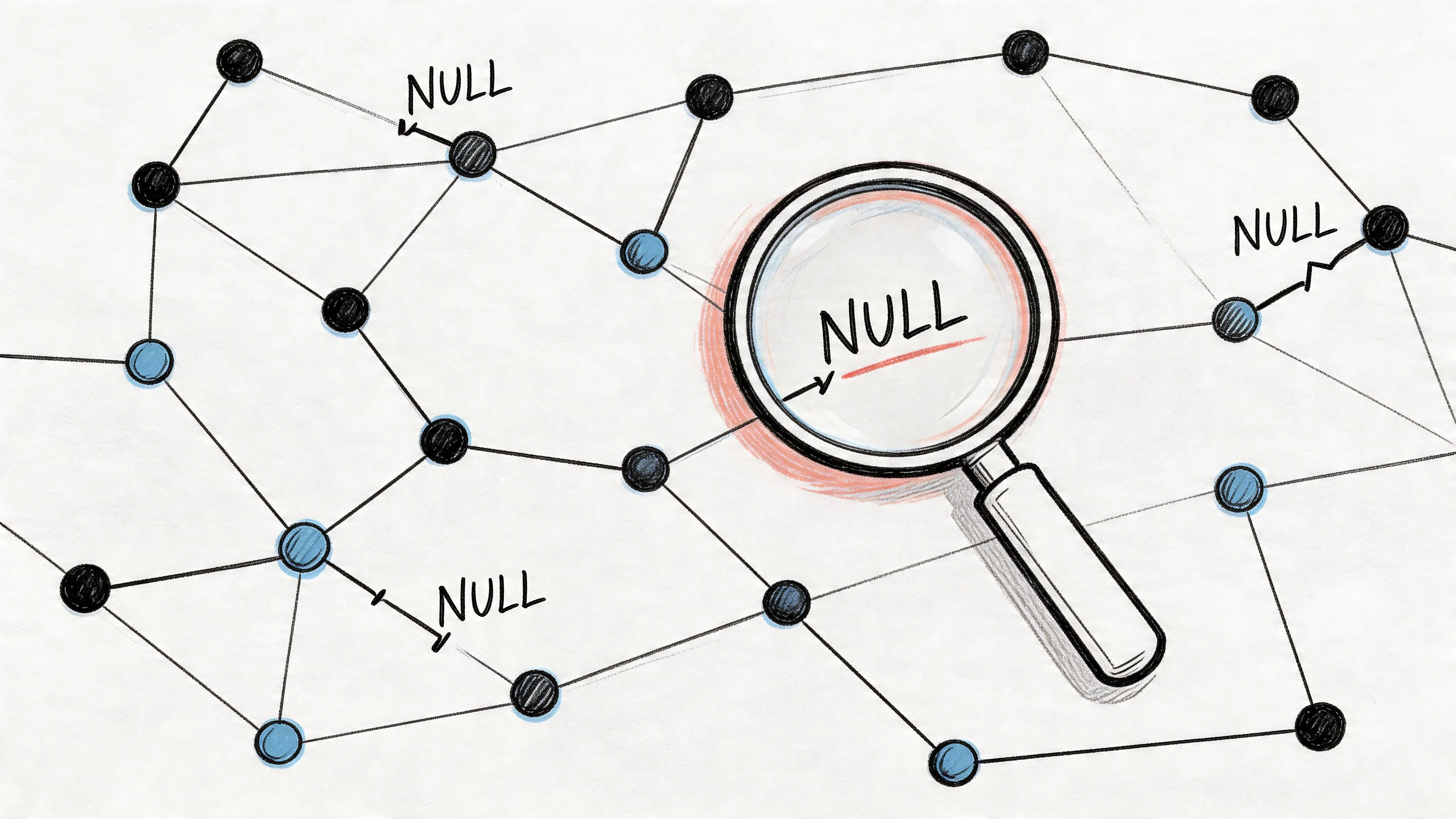 A hand-drawn illustration showing a network of nodes connected by lines, with a magnifying glass revealing a NULL value.