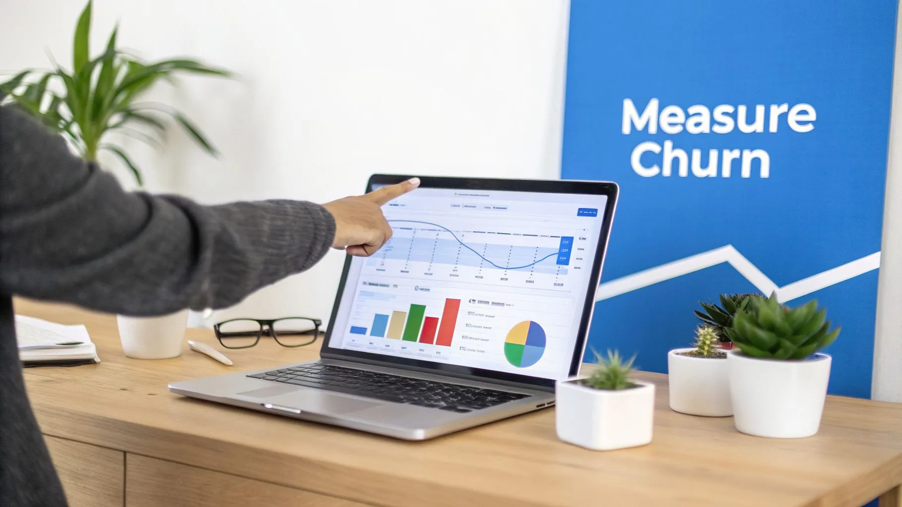 A person points at a laptop screen displaying churn analysis graphs and charts on a wooden desk.
