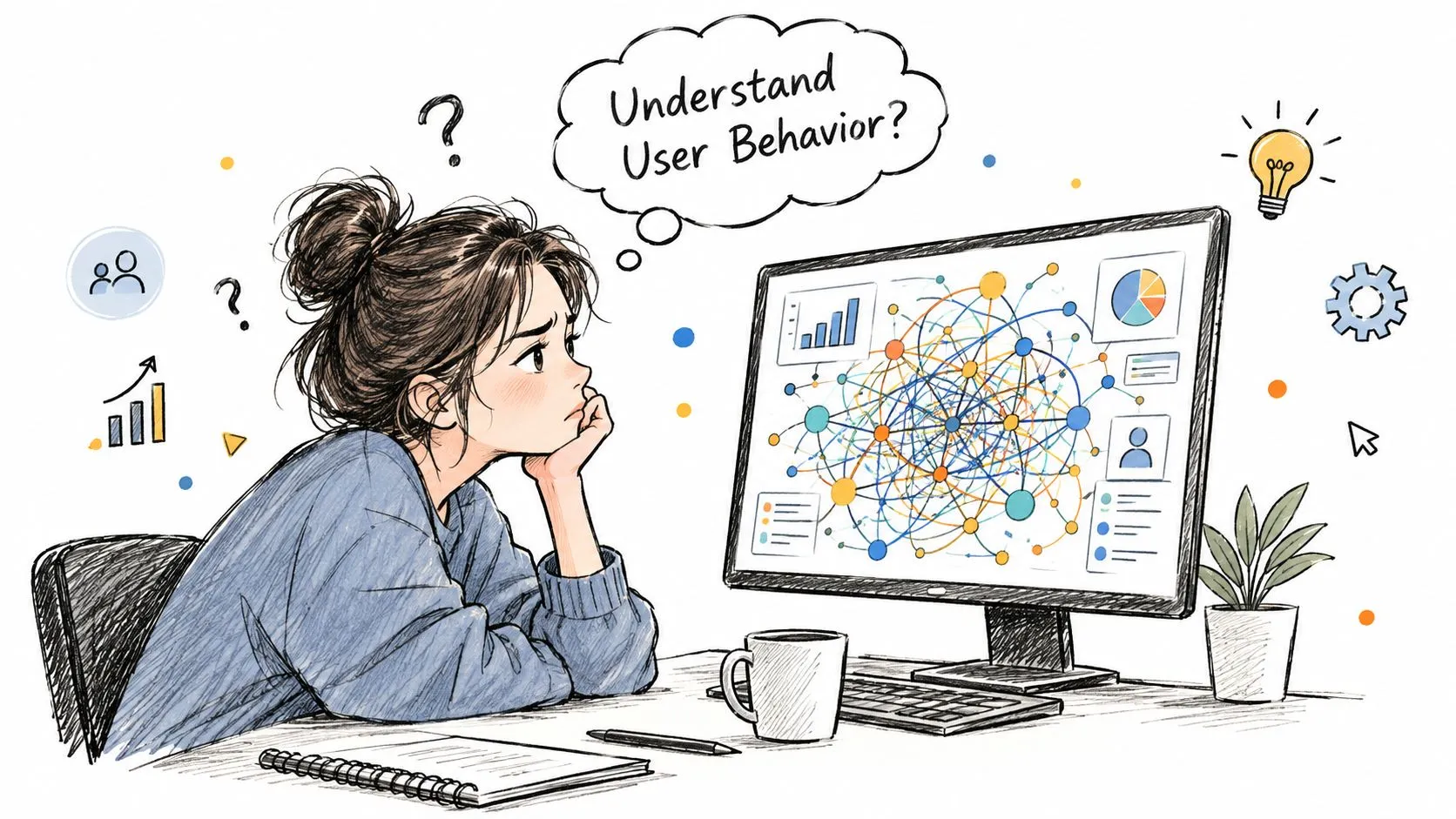 A sketch of a person looking puzzled at a complex data visualization, thinking 'Understand User Behavior?'