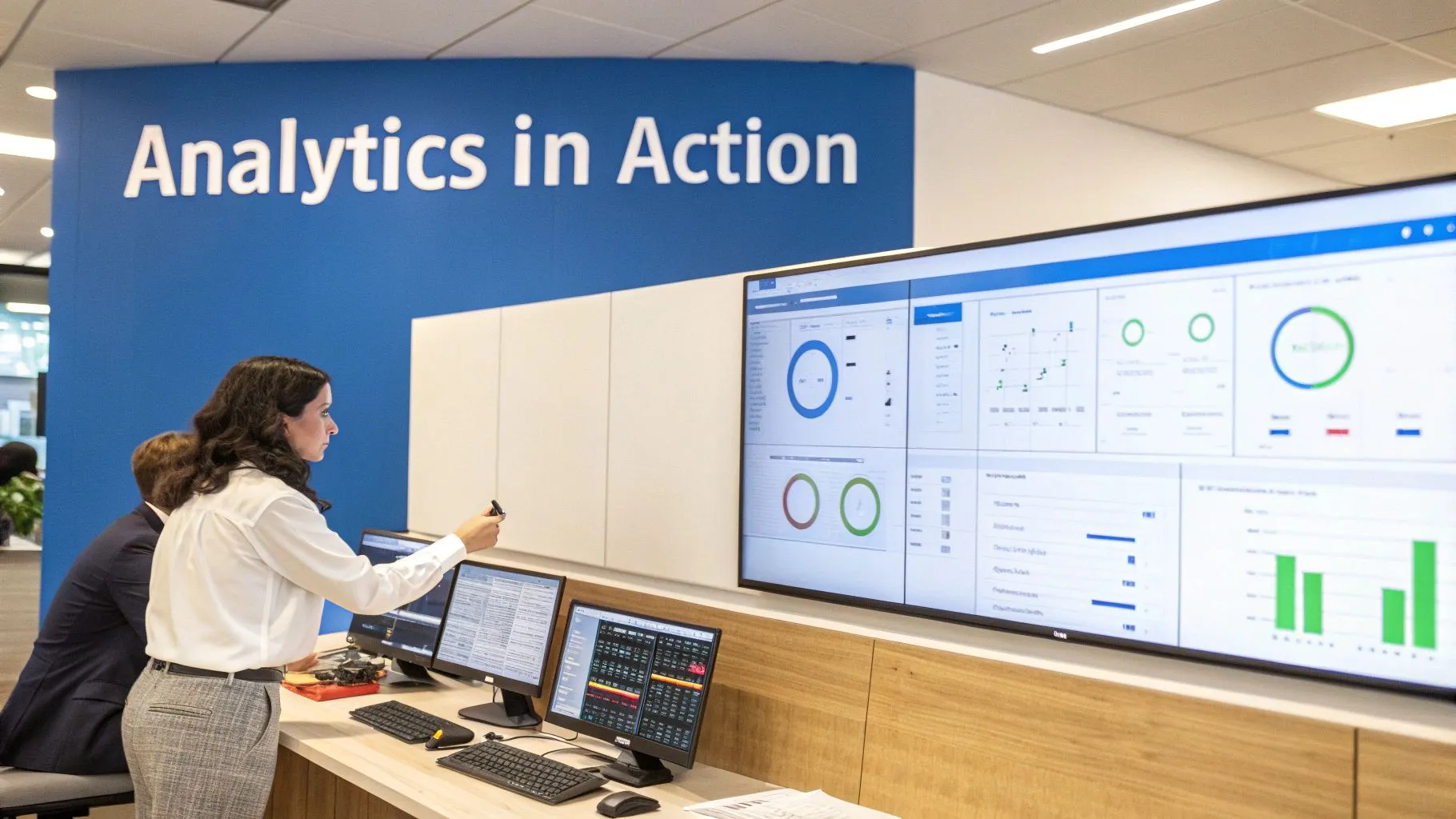 Financial analyst reviewing charts and graphs on multiple screens