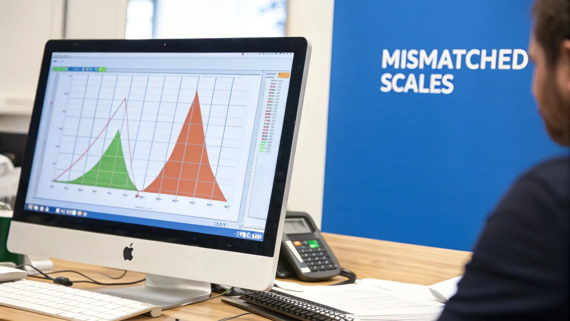 A computer screen displays a chart with green and orange areas, near a blue wall saying 'MISMATCHED SCALES'.