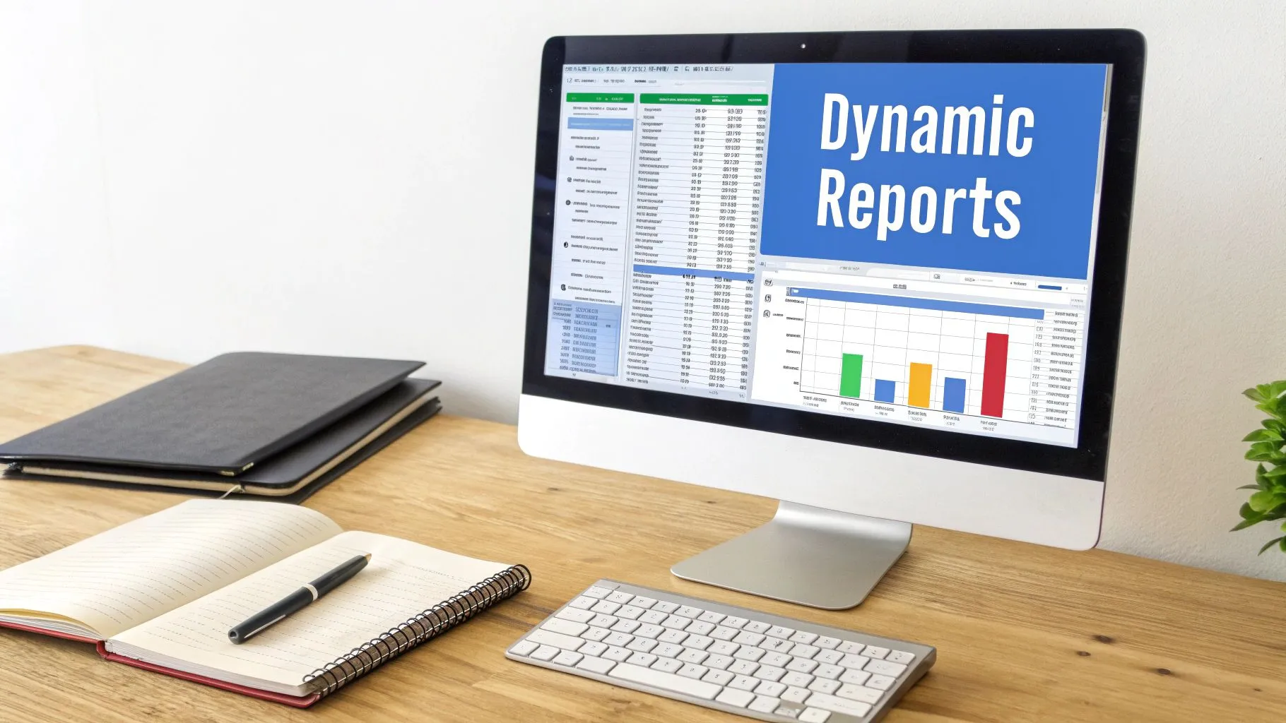 A computer monitor displays 'Dynamic Reports' on a modern office desk with a notebook and keyboard.