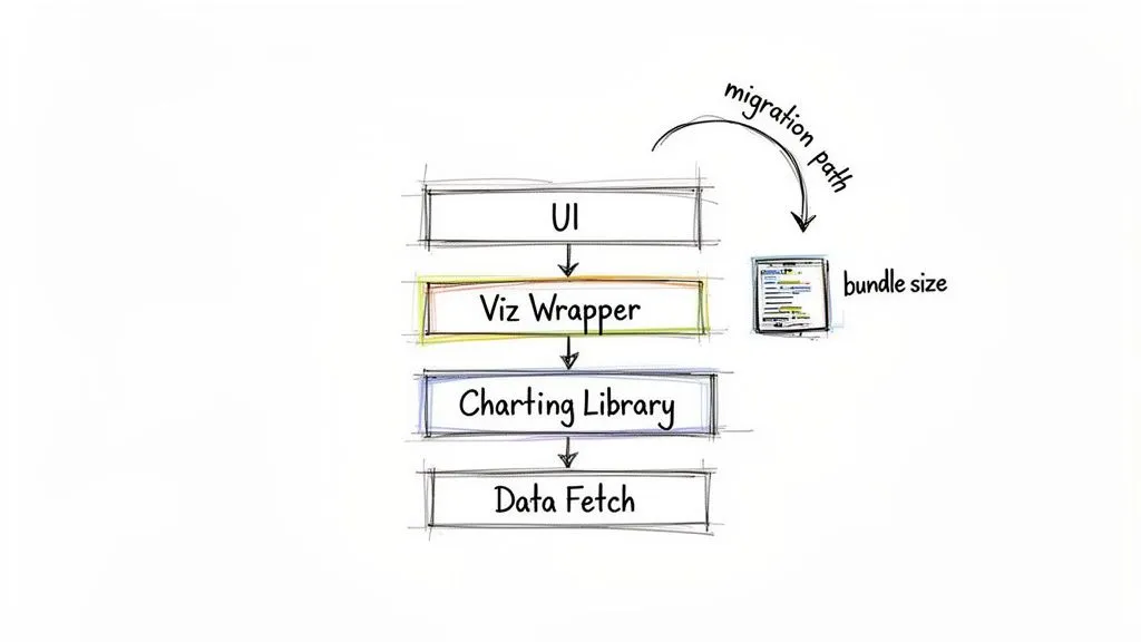 Diagram illustrating a layered software architecture: UI, Viz Wrapper, Charting Library, Data Fetch, migration path, and bundle size.