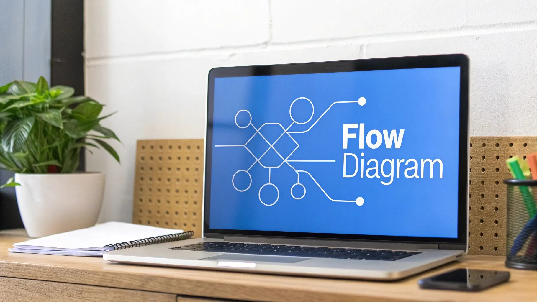 A laptop on a wooden desk displays a 'Flow Diagram' with connected nodes on a blue screen.