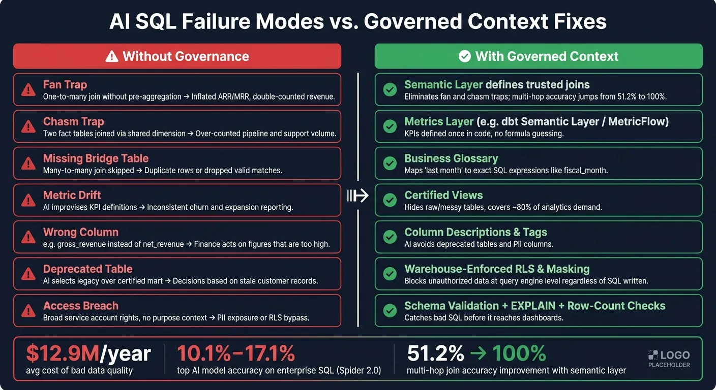 AI SQL Failure Modes vs. Governed Context Fixes
