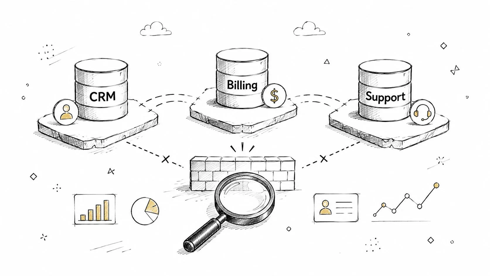 A conceptual hand-drawn diagram illustrating data silos and separation between CRM, Billing, and Support software systems.