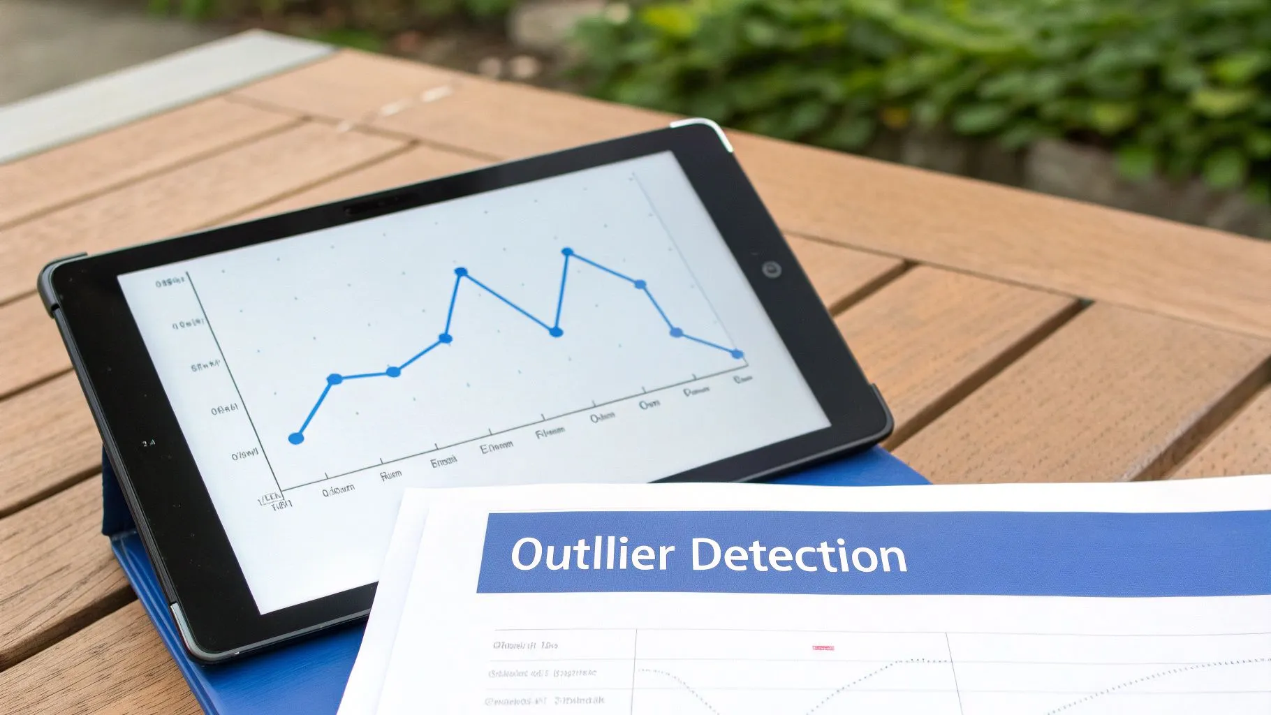 An outdoor workspace with a tablet displaying a line graph and a document on "Outlier Detection".