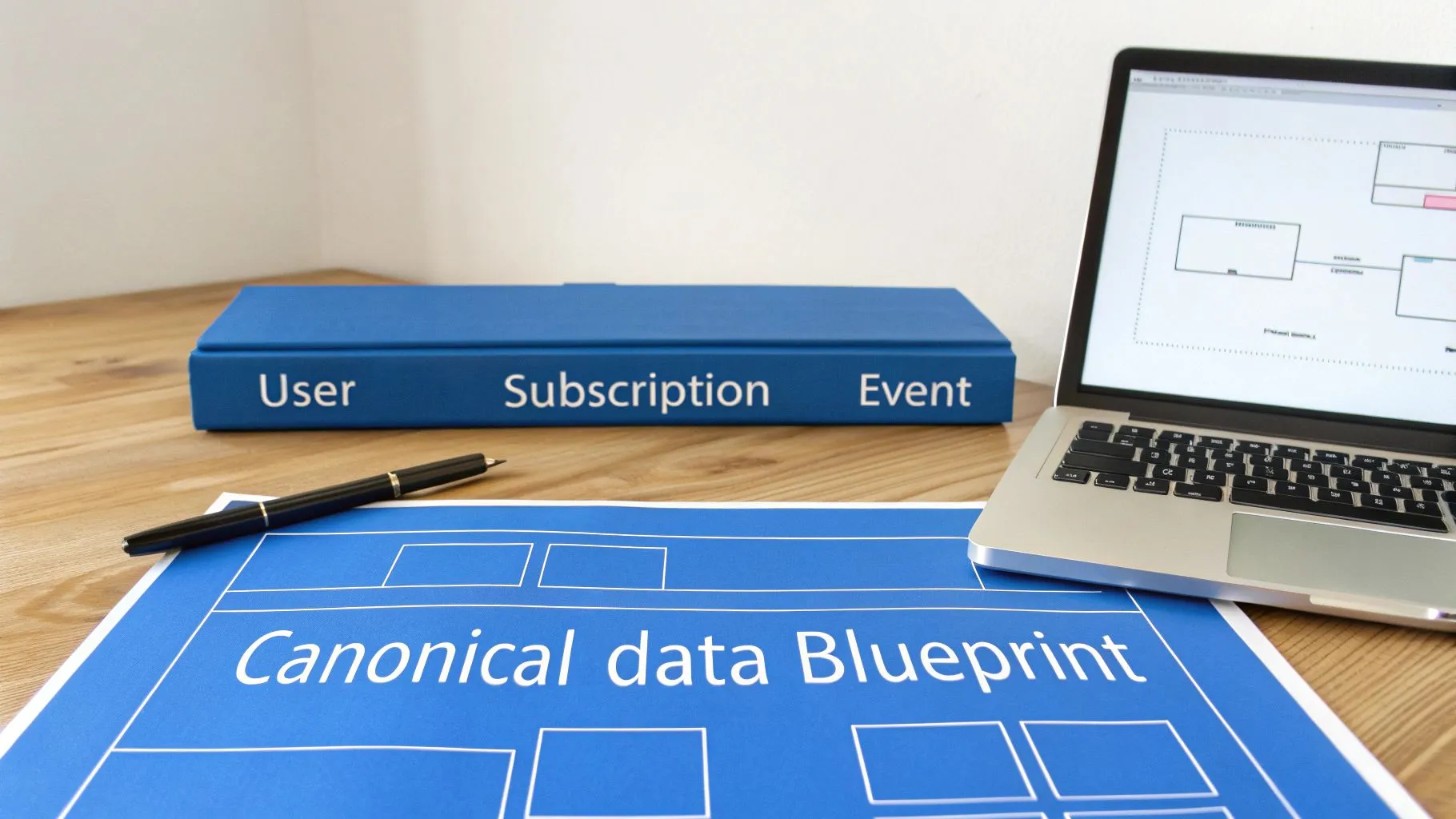 A desk with a blue binder labeled 'User Subscription Event', a data blueprint, a pen, and a laptop displaying a diagram.