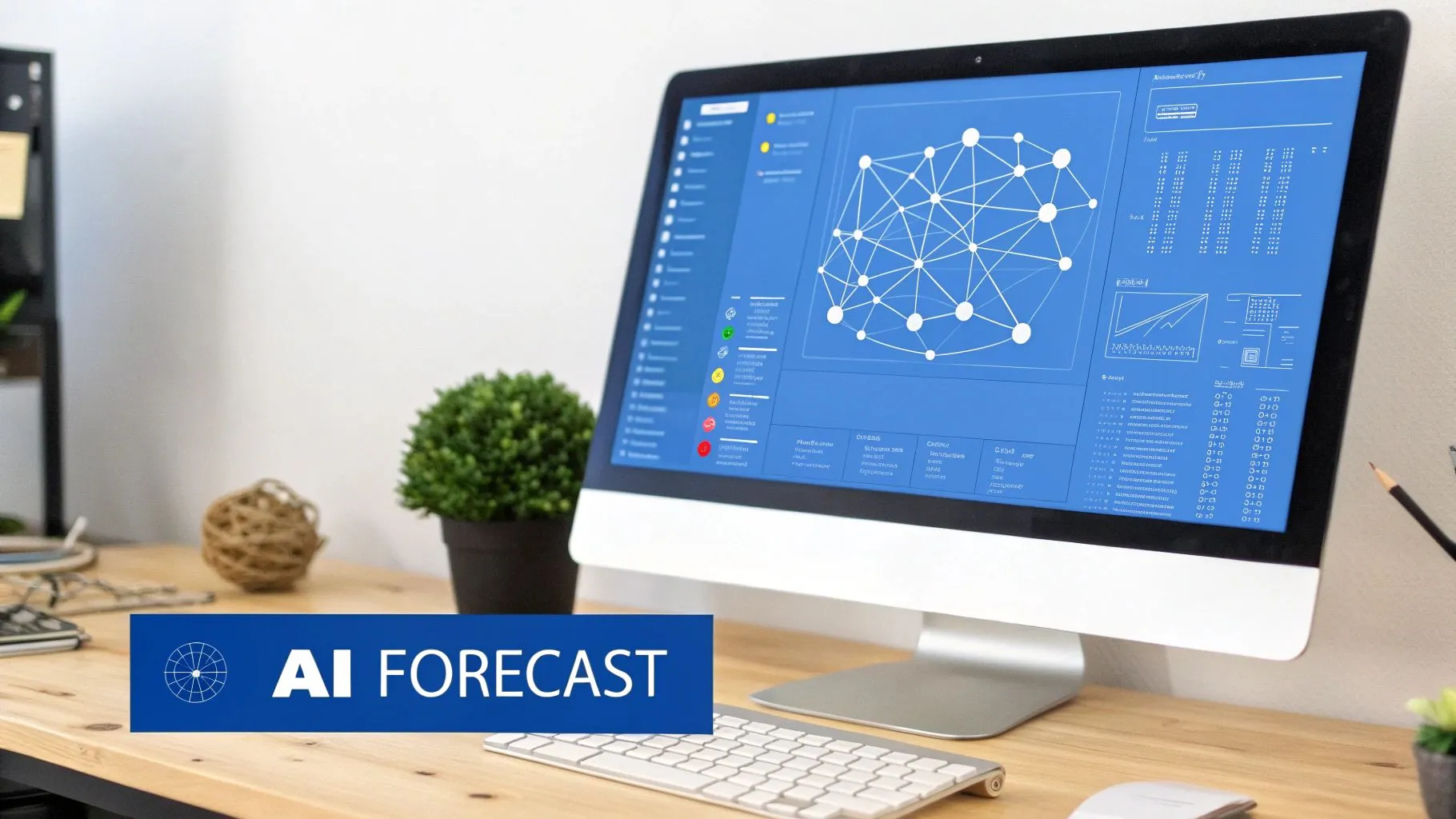 A computer screen displays a blue AI forecast interface with a network graph and data analytics on a wooden desk.