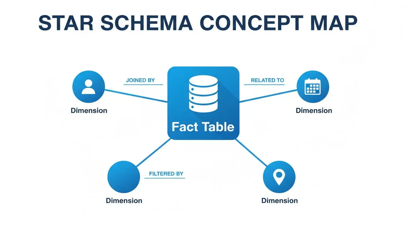 A concept map illustrating a star schema with a central fact table linked to multiple dimension tables.
