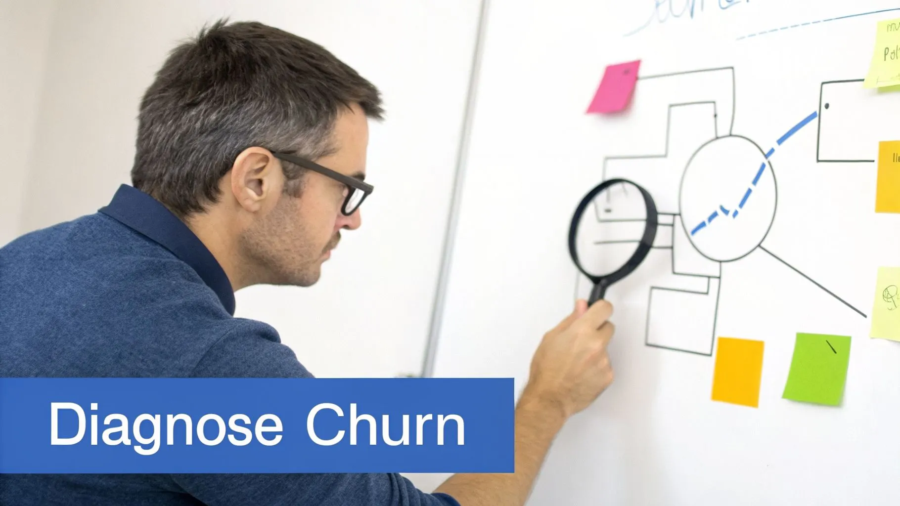 Man with glasses using a magnifying glass to analyze a churn diagram on a whiteboard with sticky notes.