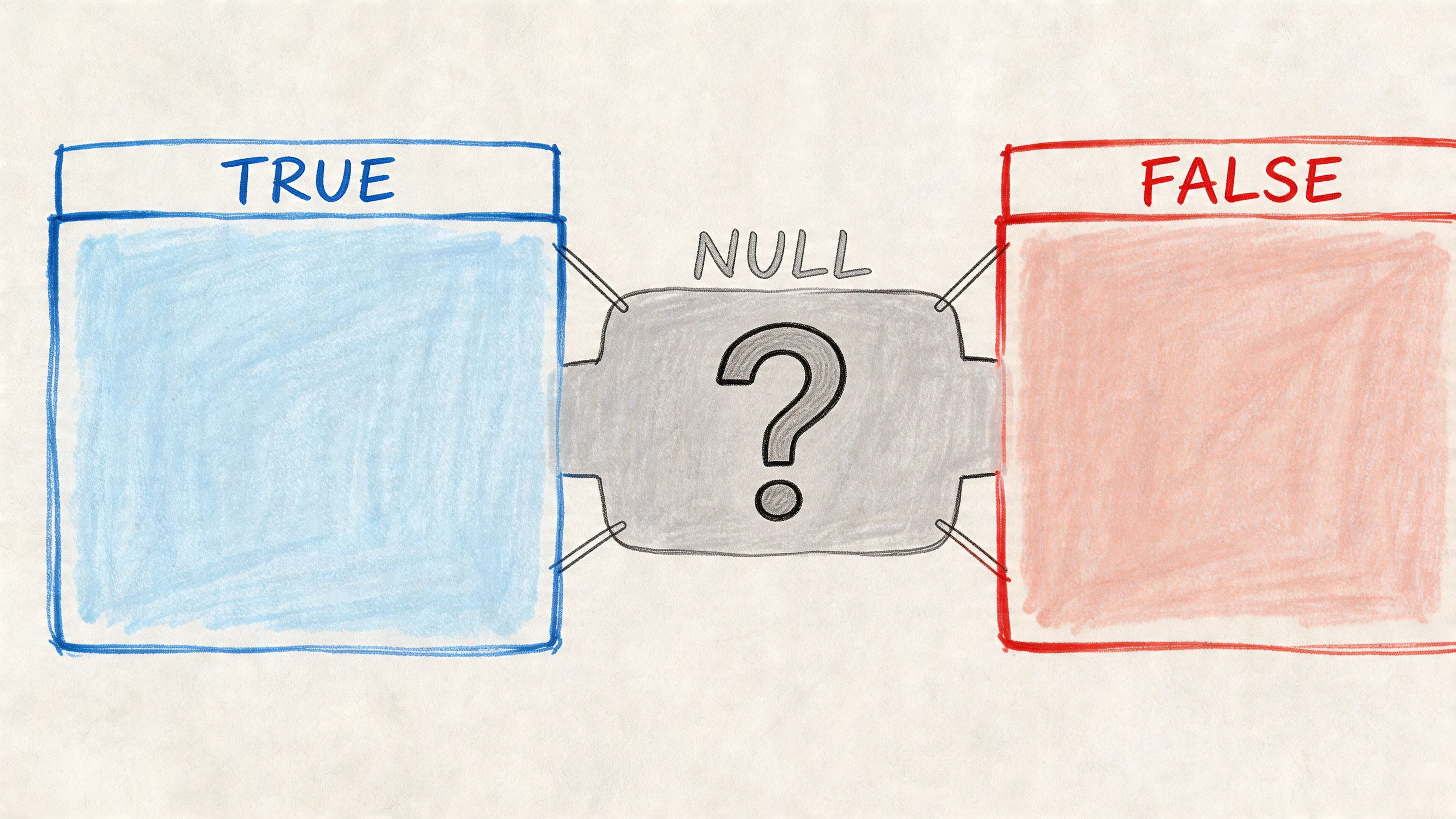 A conceptual diagram illustrating the concept of NULL value between True and False boolean states.