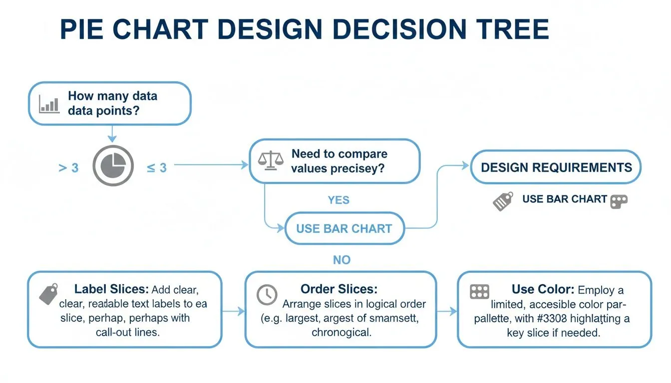 A decision tree flowchart for pie chart design, guiding on data points, precision, labeling, ordering, and color.