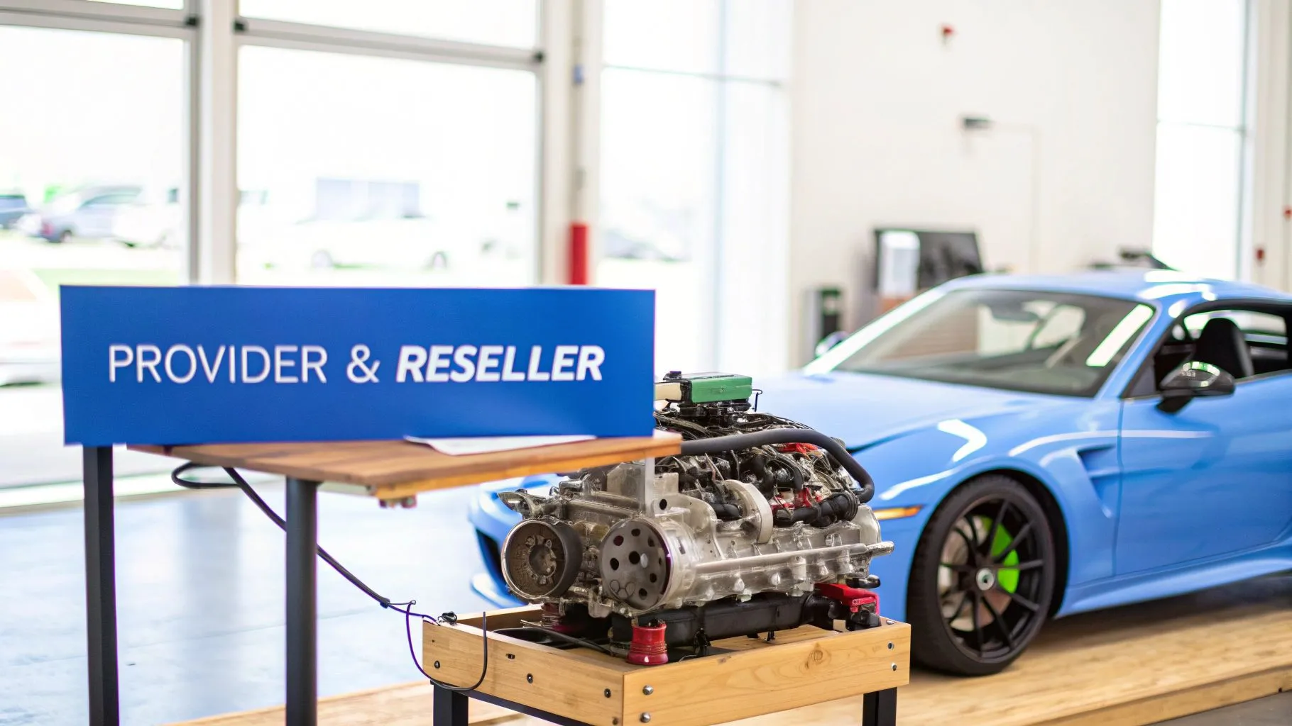 A blue 'PROVIDER &amp; RESELLER' sign, a car engine, and a blue sports car in a modern facility.