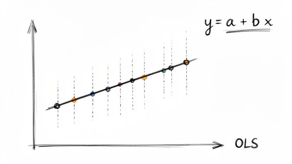 Hand-drawn linear regression plot with scattered data points, a fitted line (y=a+bx), and vertical residual lines, illustrating the OLS concept.