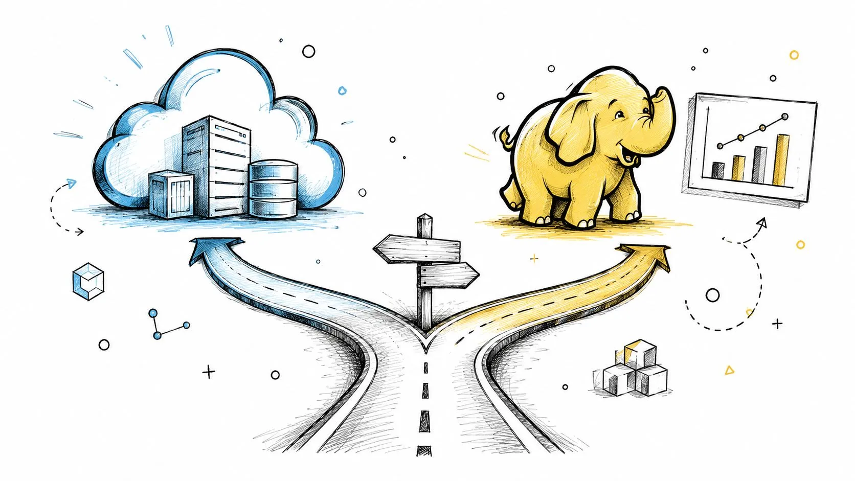 A conceptual illustration showing a road fork leading to cloud computing infrastructure and elephant-themed big data analytics.