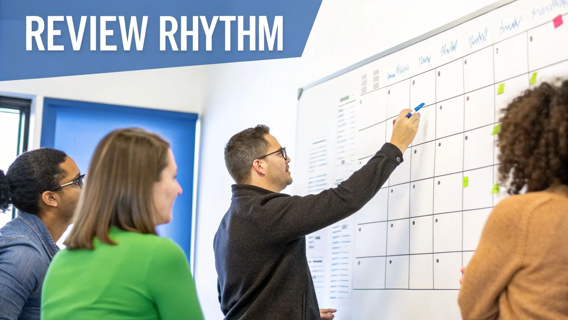 A team of three people, including a man writing on a large whiteboard calendar, discussing a review rhythm.