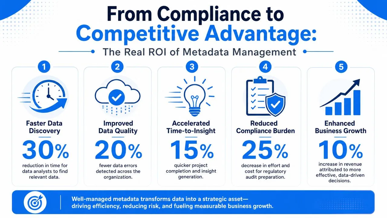 An infographic titled From Compliance to Competitive Advantage outlining five key benefits of effective metadata management.