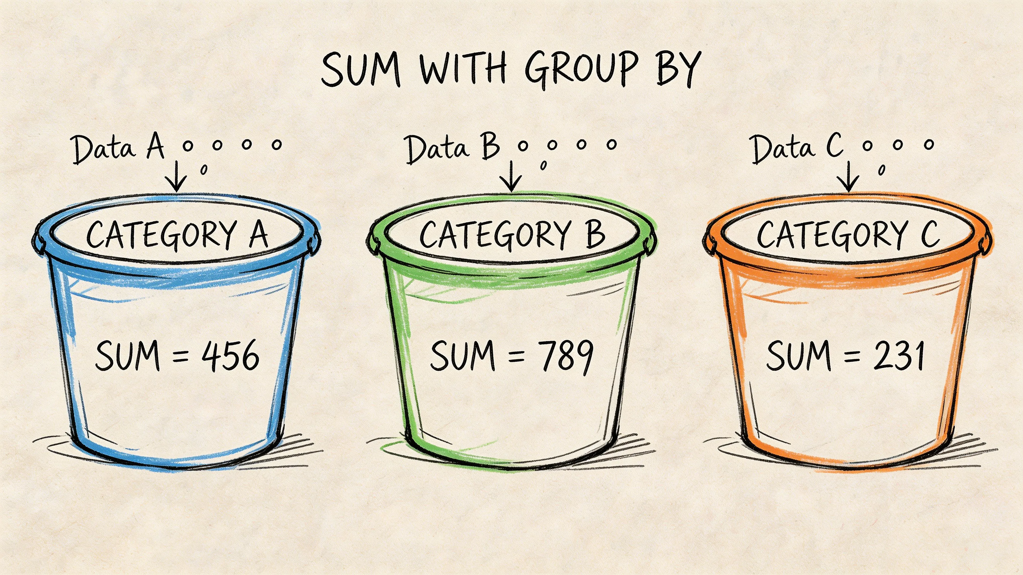 A diagram illustrating the SQL sum with group by function, showing data sorted into three distinct buckets.