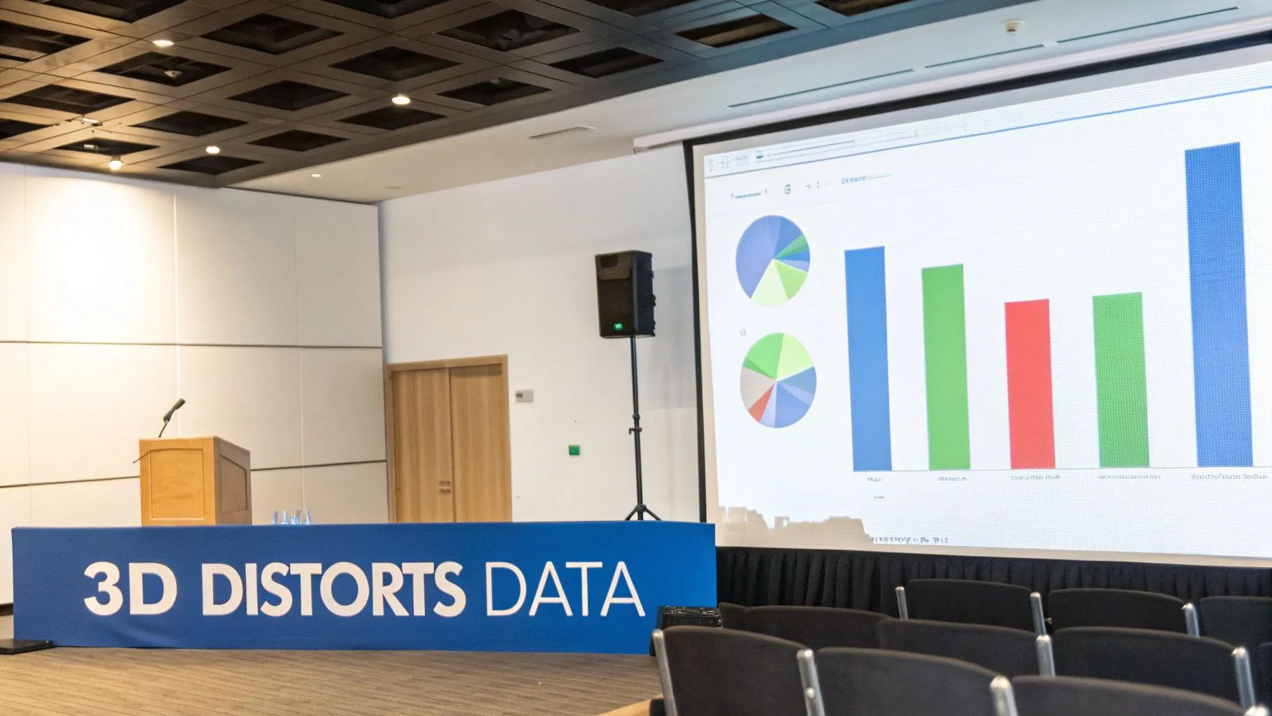 A conference room with a large screen displaying pie and bar charts, and a banner reading "3D DISTORTS DATA."