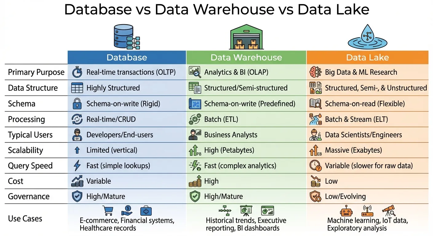 Database vs Data Warehouse vs Data Lake Comparison Chart