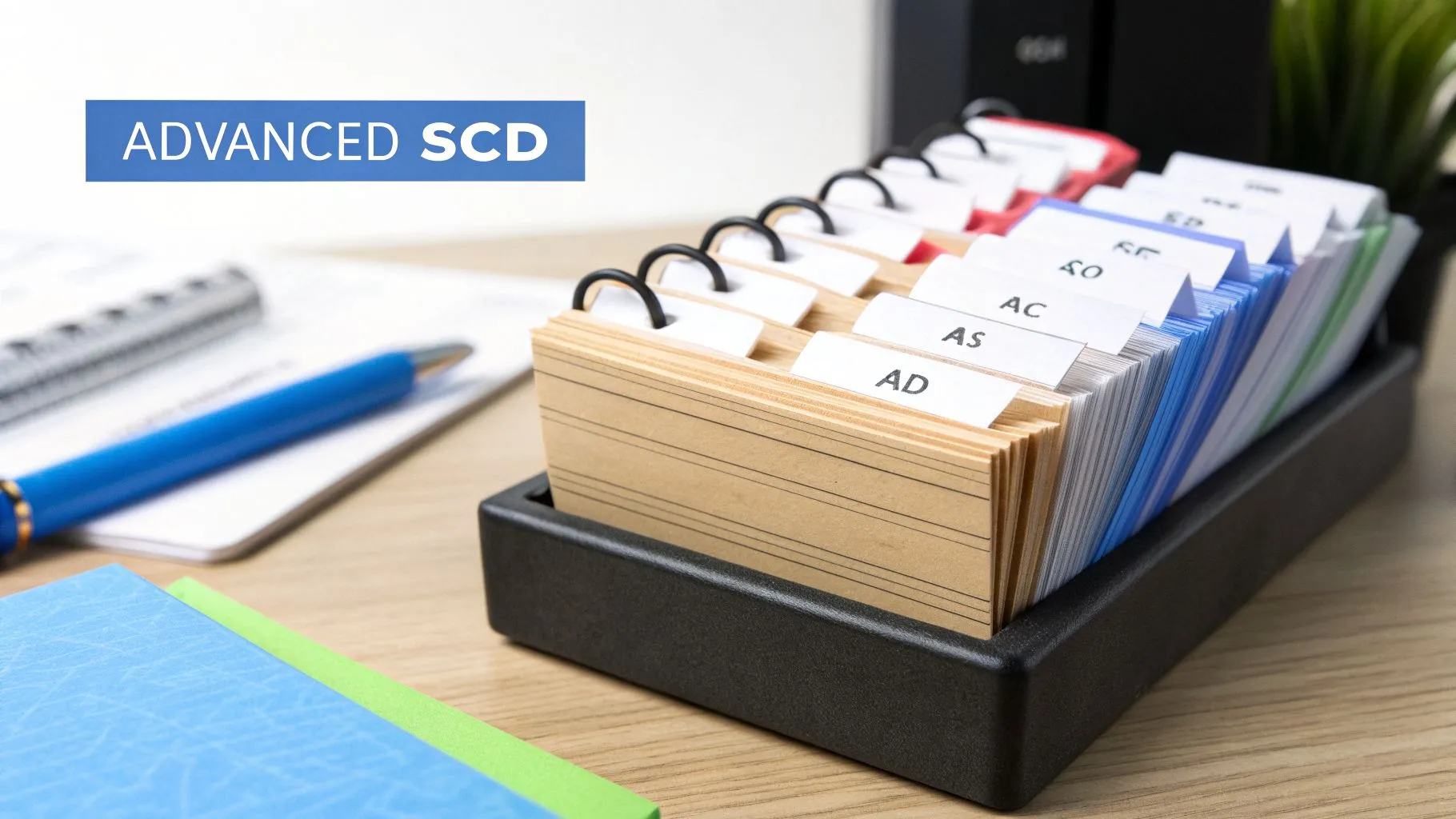 An office desk setting with an 'ADVANCED SCD' banner and a neatly organized card index.