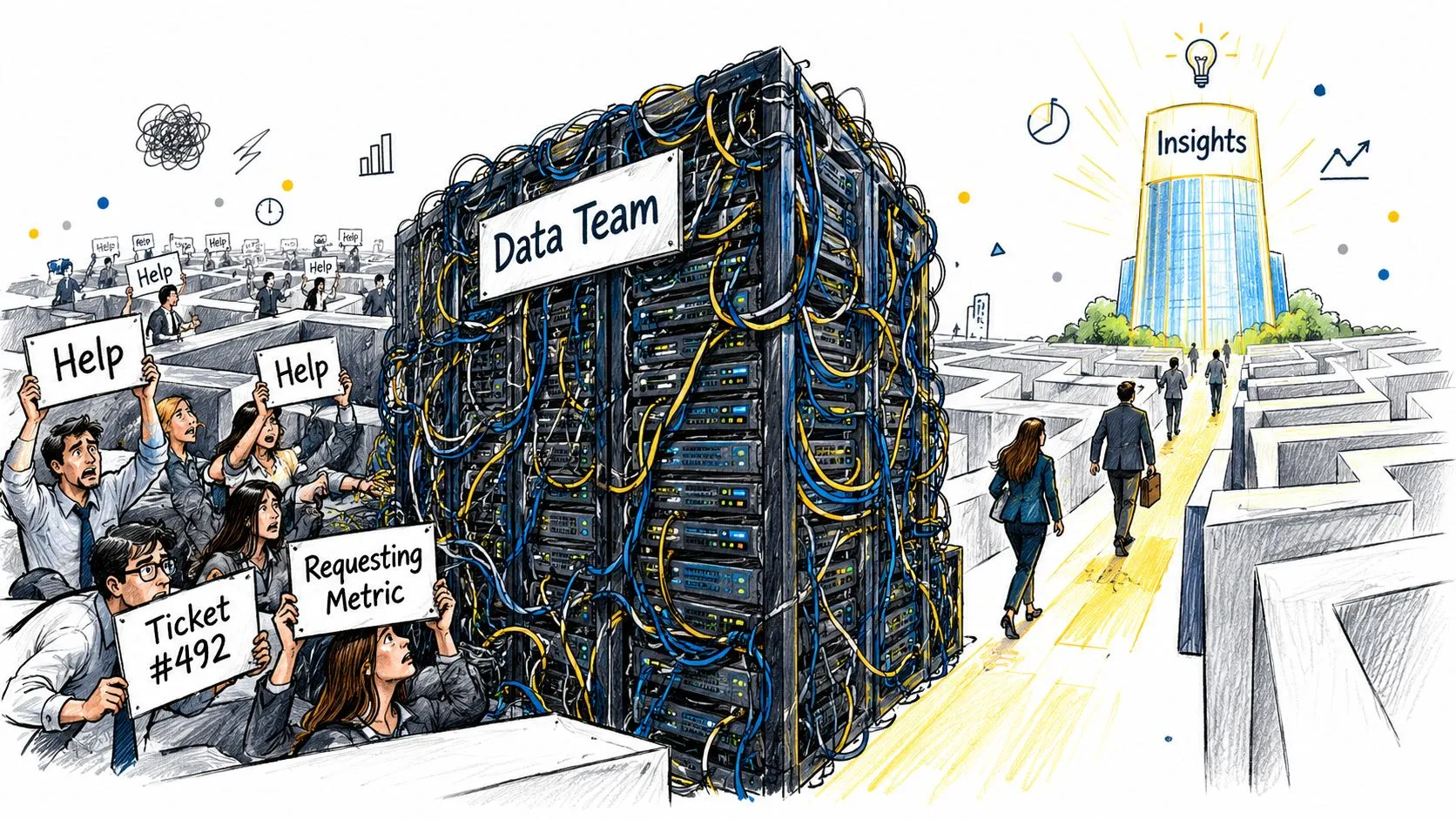 A data team overwhelmed by ticket requests blocked by a complex maze, obstructing path to business insights.