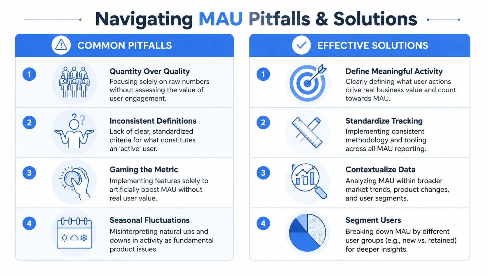 An infographic titled Navigating MAU Pitfalls and Solutions, outlining four common mistakes and corresponding strategies for tracking monthly active users.