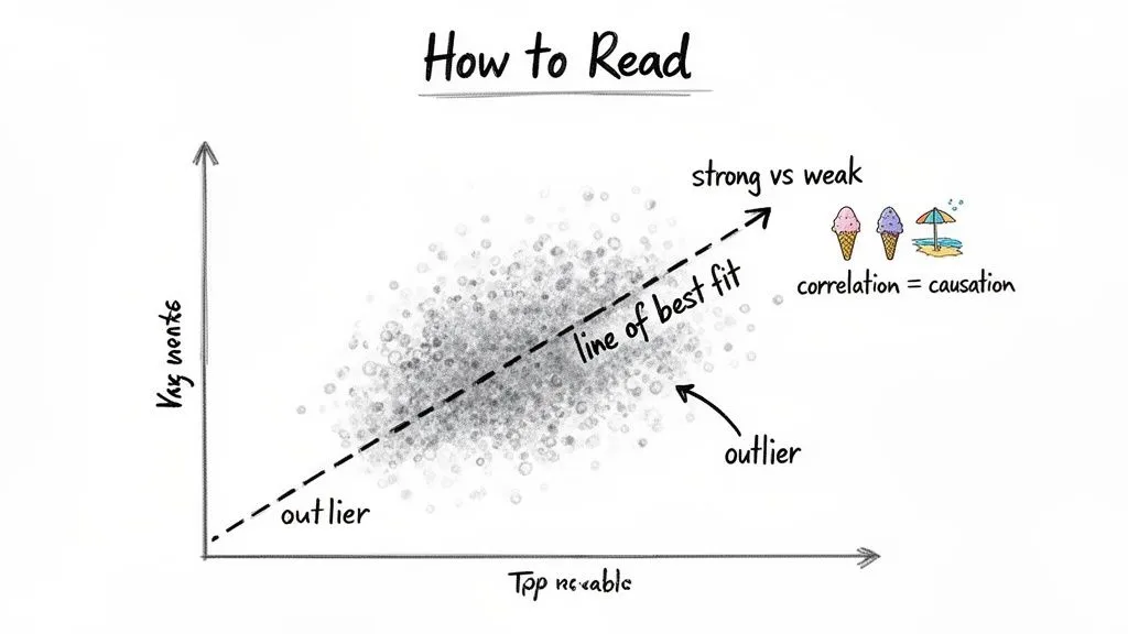 An instructional scatter plot explaining data interpretation, with line of best fit, outliers, and correlation vs. causation.