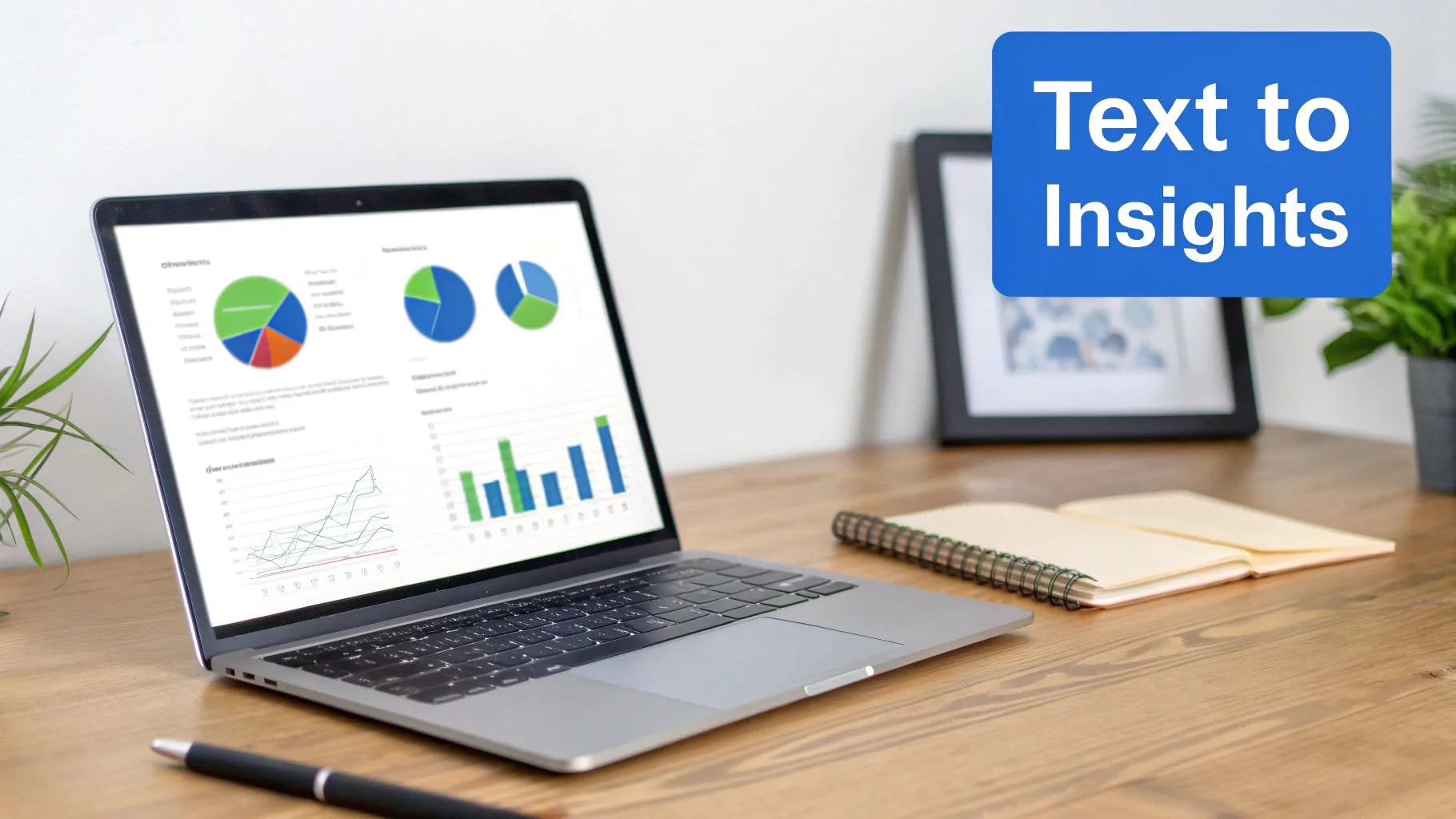 Laptop displaying data insights with charts and graphs on a desk, next to a notebook and pen.