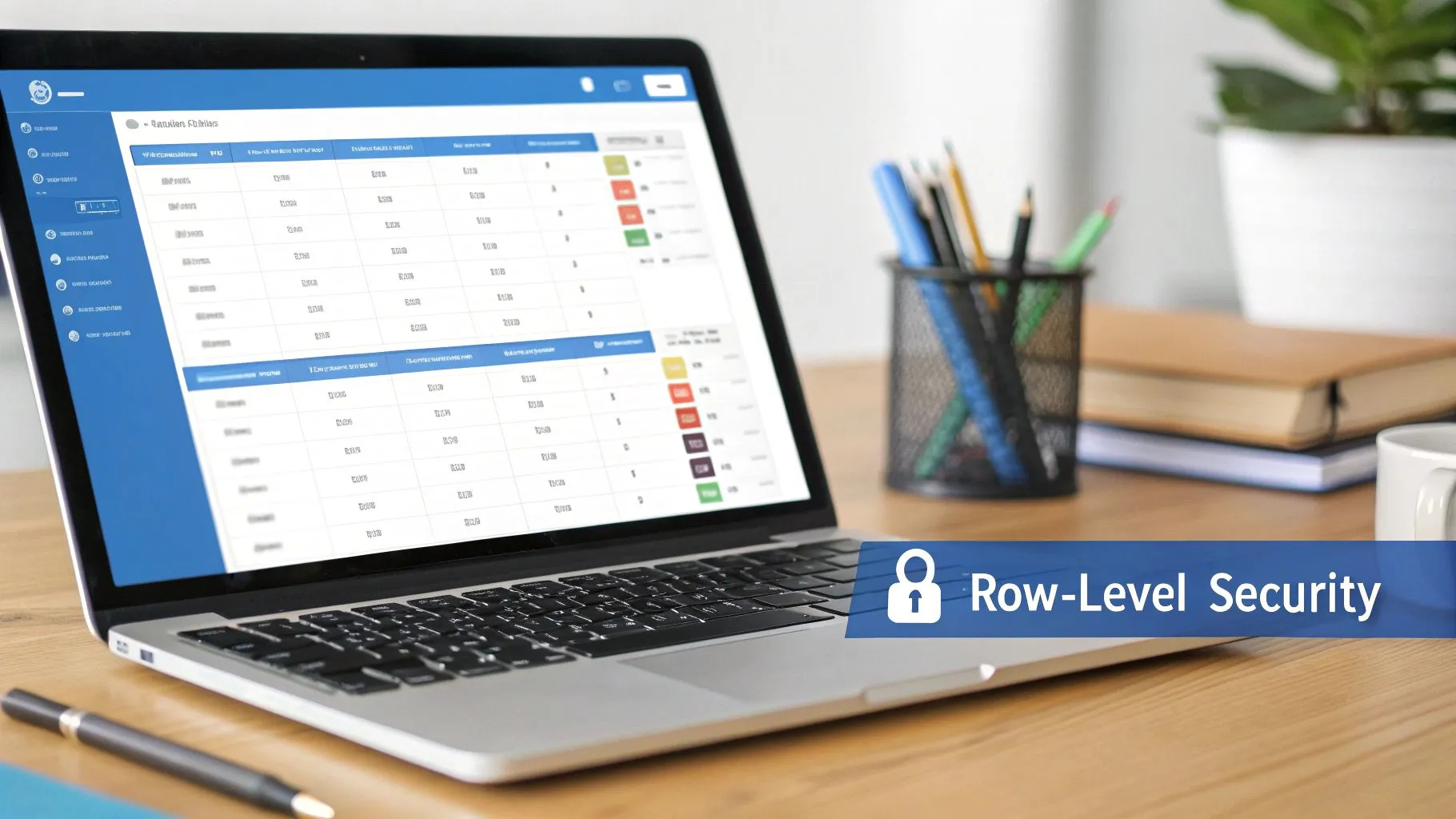 A laptop displays a data table with blue navigation, featuring a blue overlay that reads 'Row-Level Security' with a lock icon.
