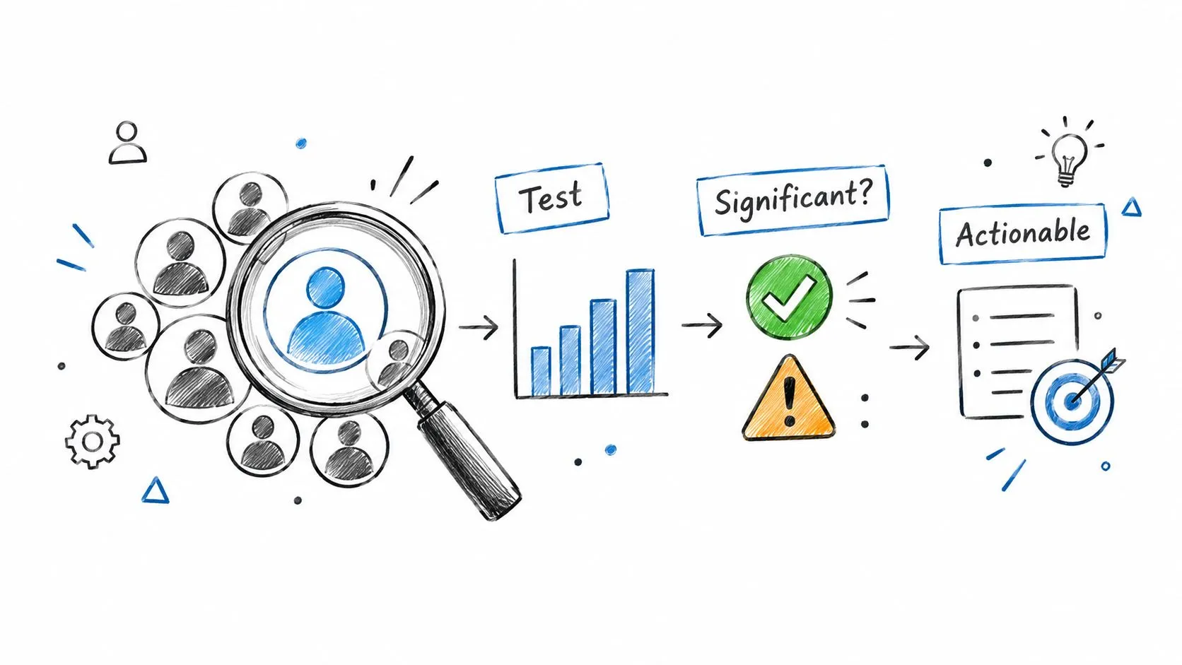 A hand-drawn illustration showing the customer segmentation process, including testing, statistical significance, and actionable business strategies.