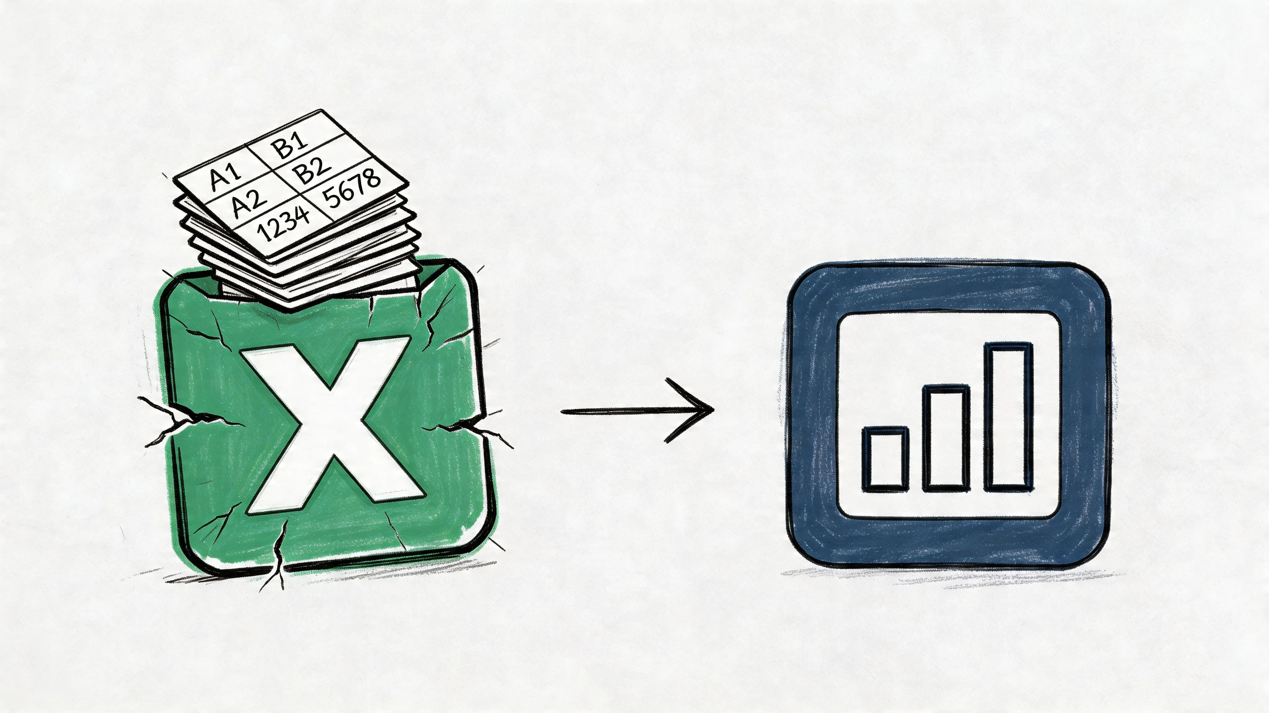 A hand-drawn illustration showing a spreadsheet icon transitioning into a bar chart icon representing data analysis.