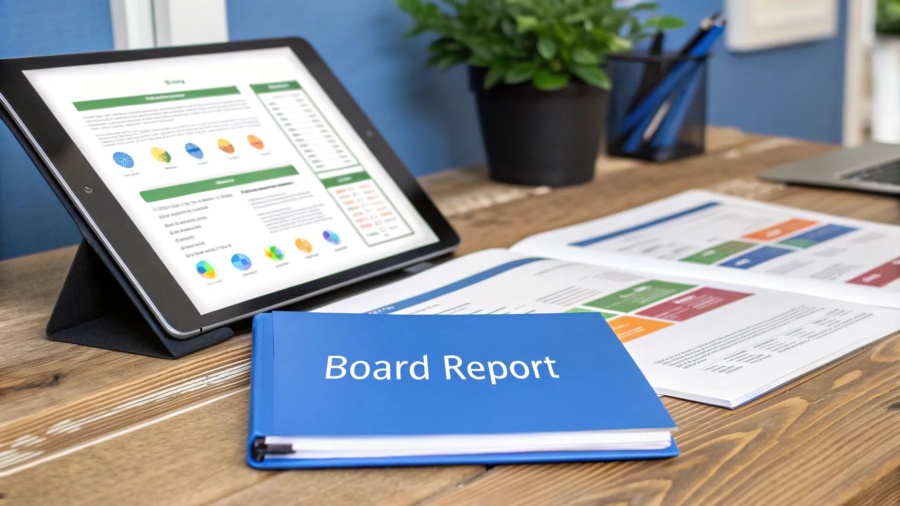 An office desk featuring a tablet displaying data reports and a blue "Board Report" folder.