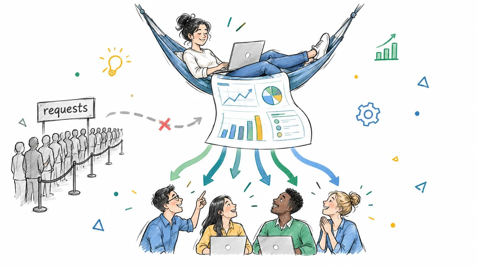 A conceptual illustration showing a person organizing requests, visualizing data, and delegating tasks to a collaborative team.