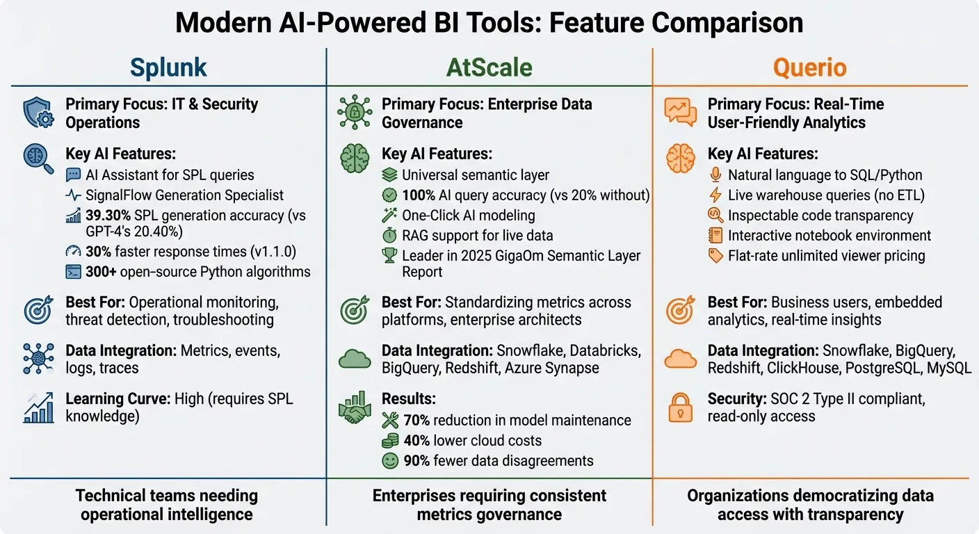 Splunk vs AtScale vs Querio: AI-Powered BI Tools Comparison