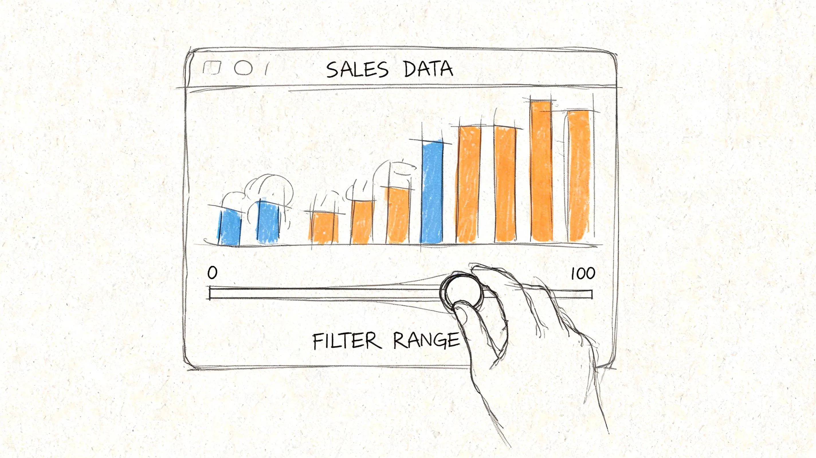 A hand adjusts a slider on a hand-drawn illustration of a digital dashboard displaying sales data charts.