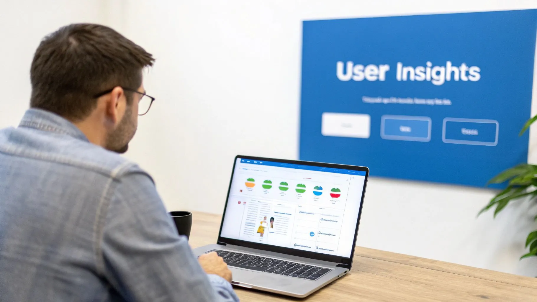 Illustration of a dashboard showing various user behavior metrics and graphs