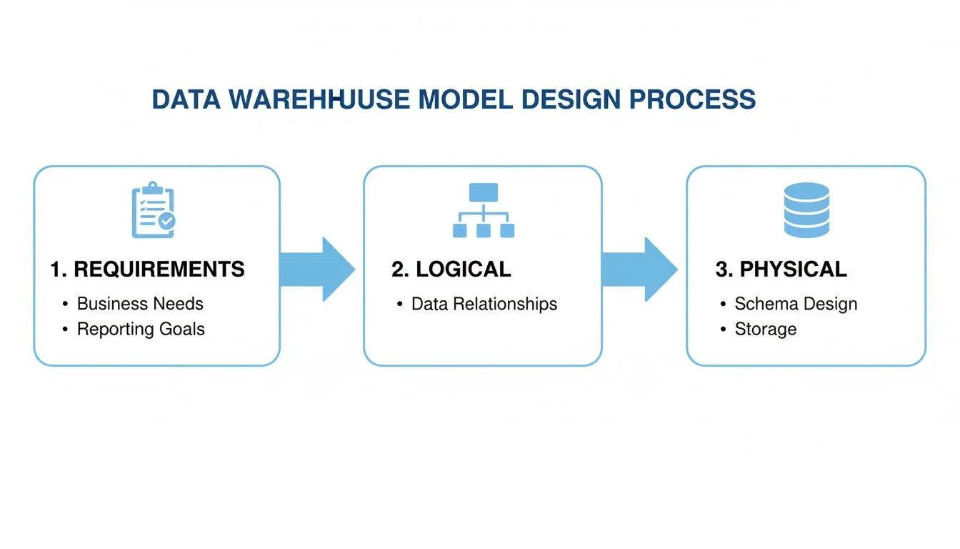 A three-step diagram illustrating the Data Warehouse Model Design Process: Requirements, Logical, and Physical.