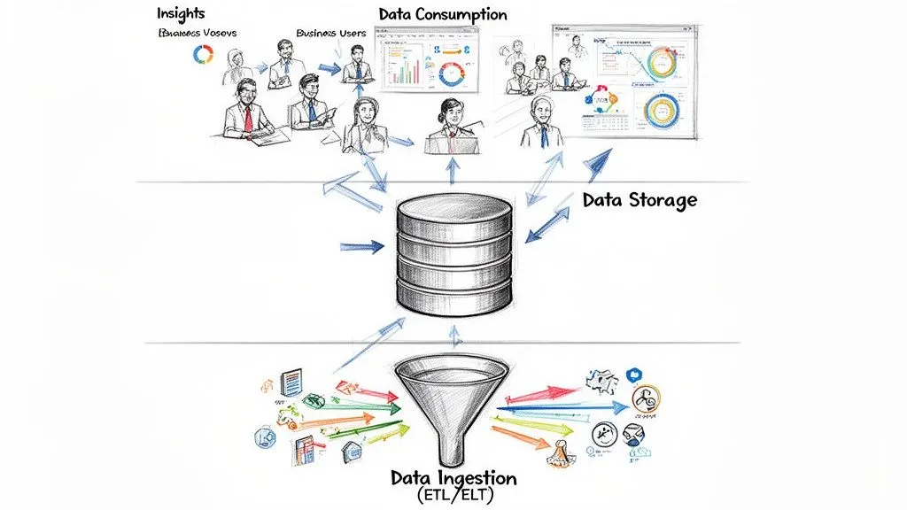 A hand-drawn diagram illustrating the data architecture process from ingestion to storage and data consumption analysis.