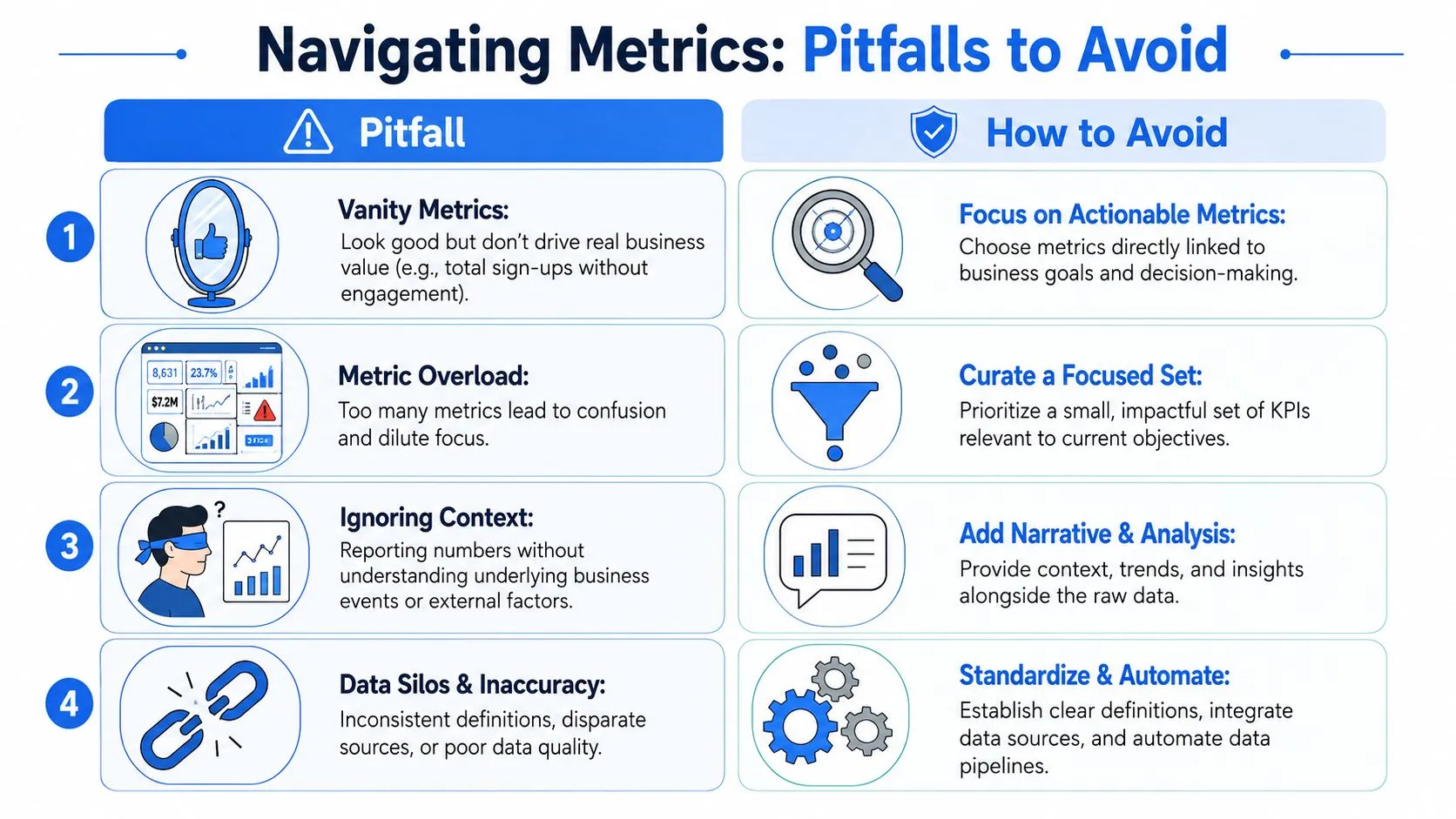A visual guide titled Navigating Metrics listing four common business pitfalls and solutions to avoid them.
