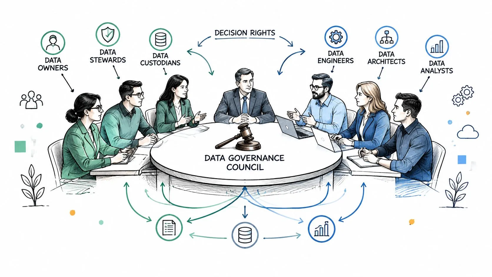 A professional illustration of a Data Governance Council meeting with various roles collaborating around a round table.