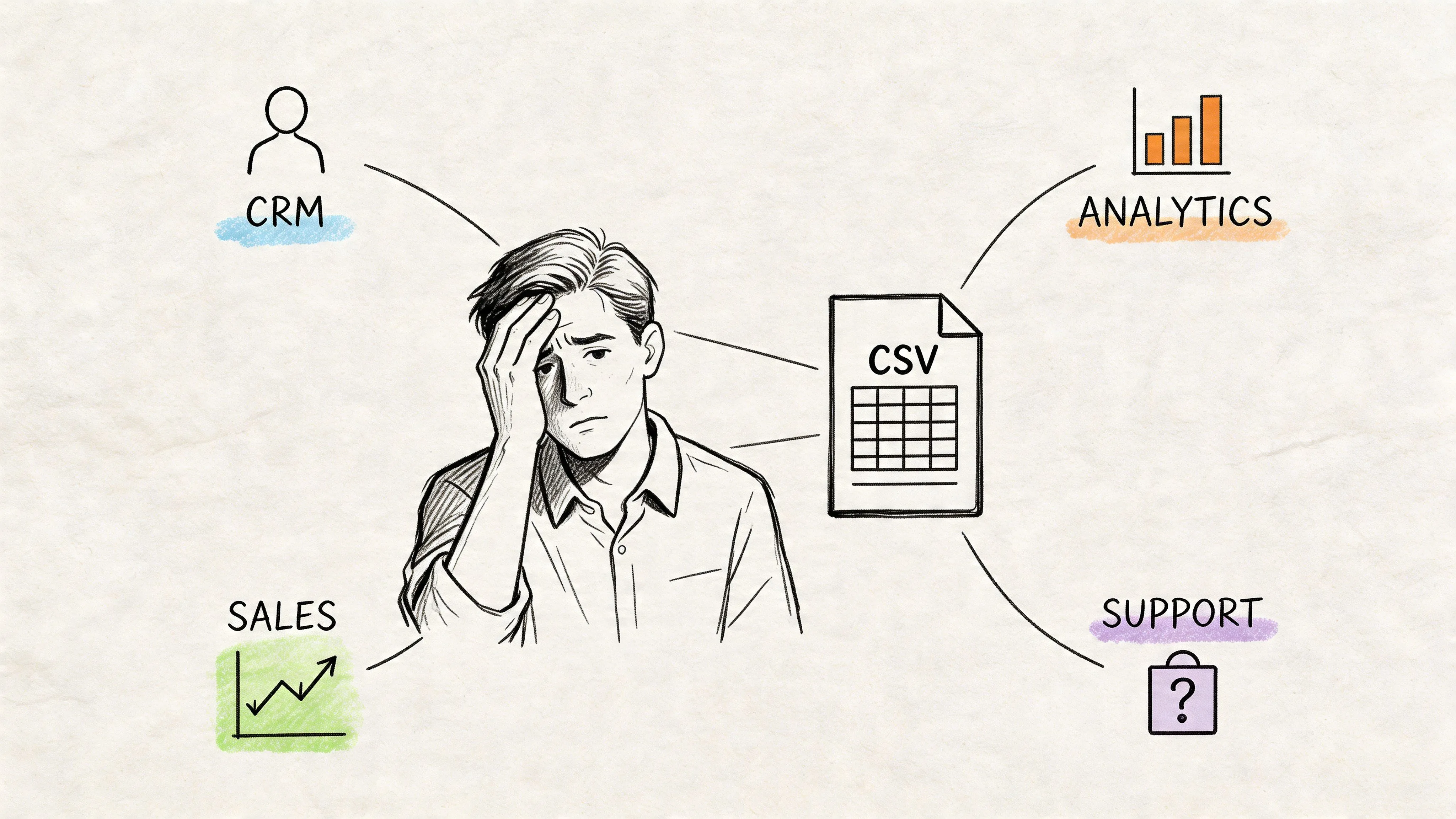 A frustrated man looking at a CSV file icon surrounded by CRM, analytics, sales, and support icons.