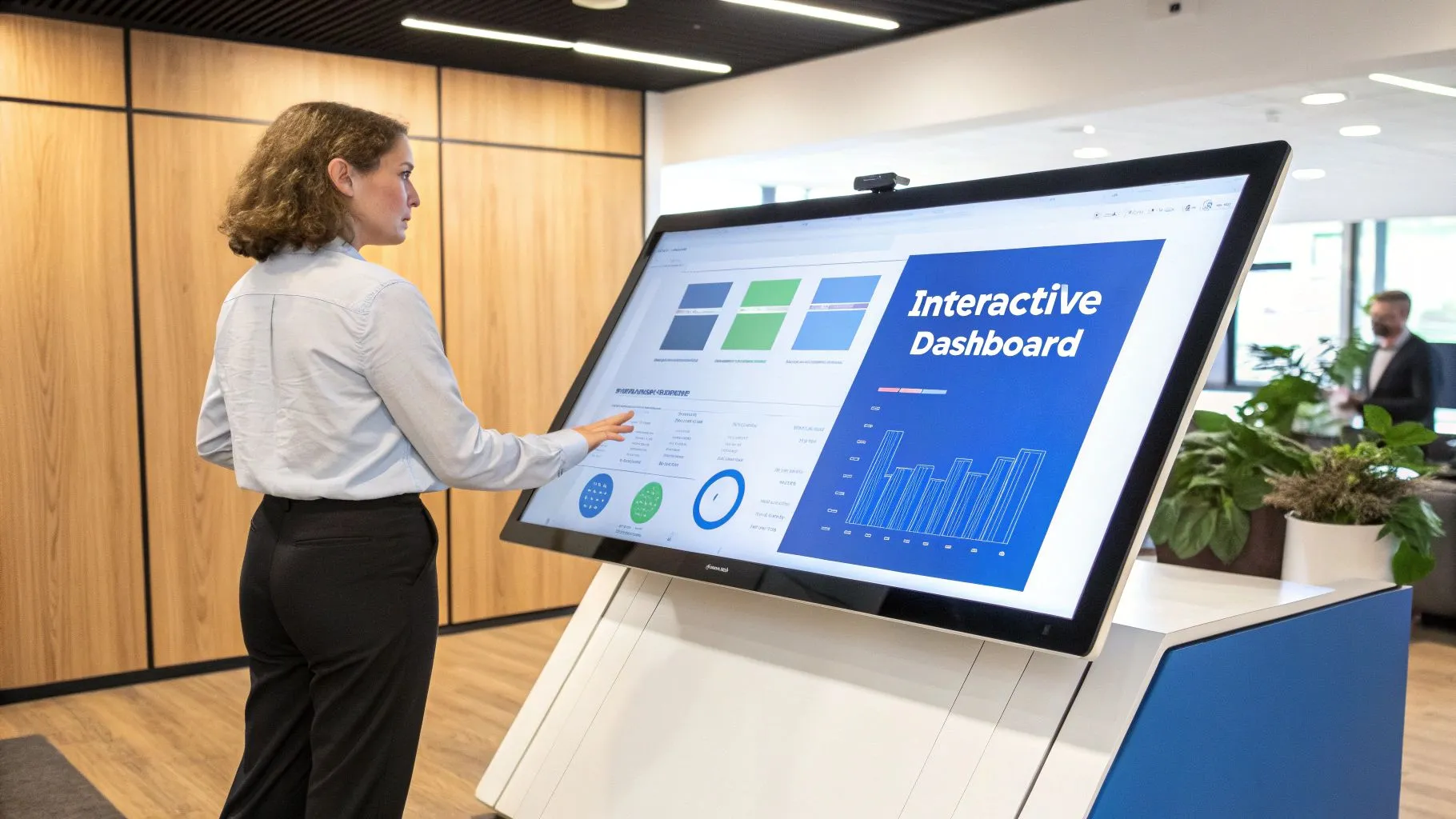 A woman stands, touching a large interactive digital dashboard displaying data visualizations in an office.