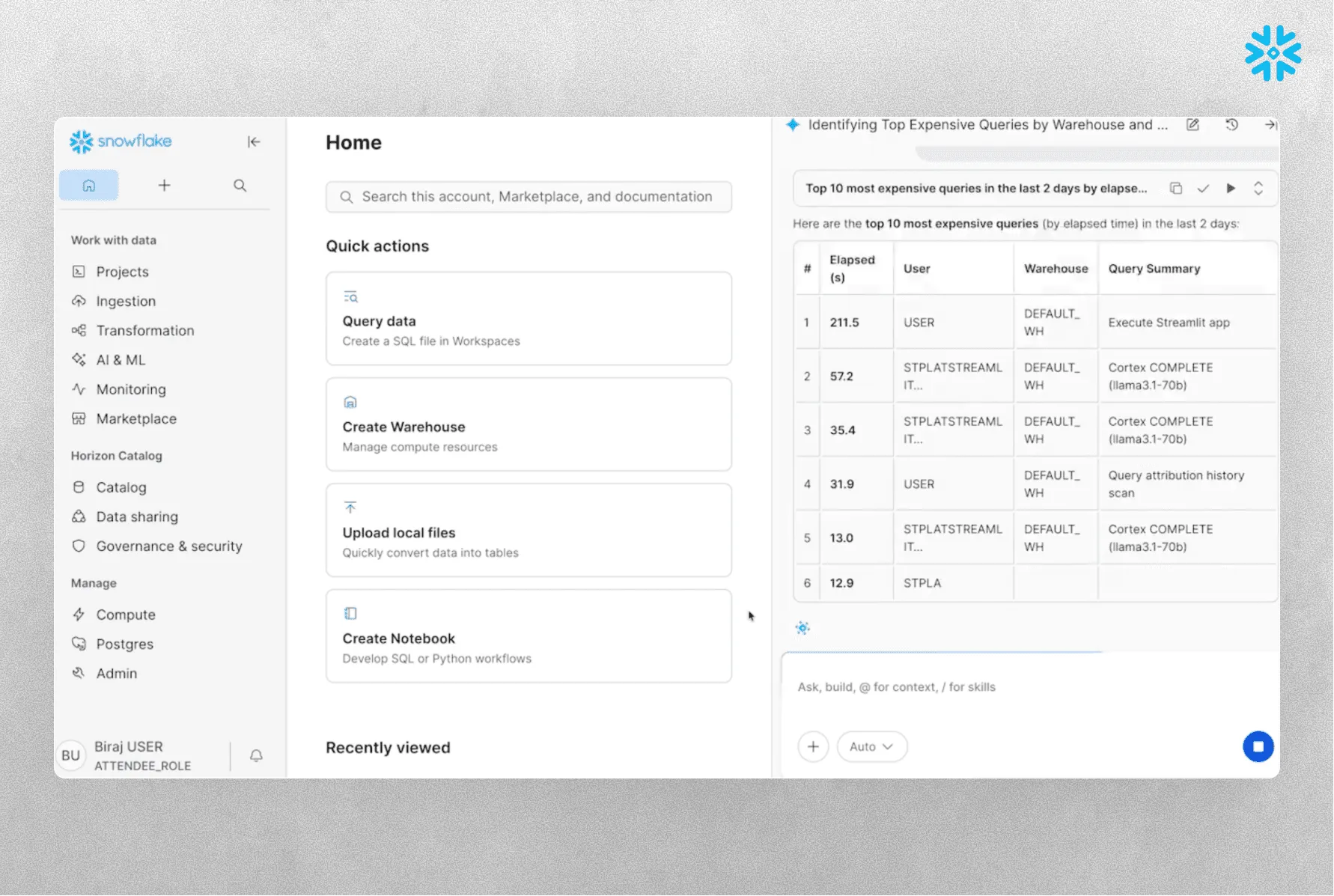 Snowflake Cortex dashboard