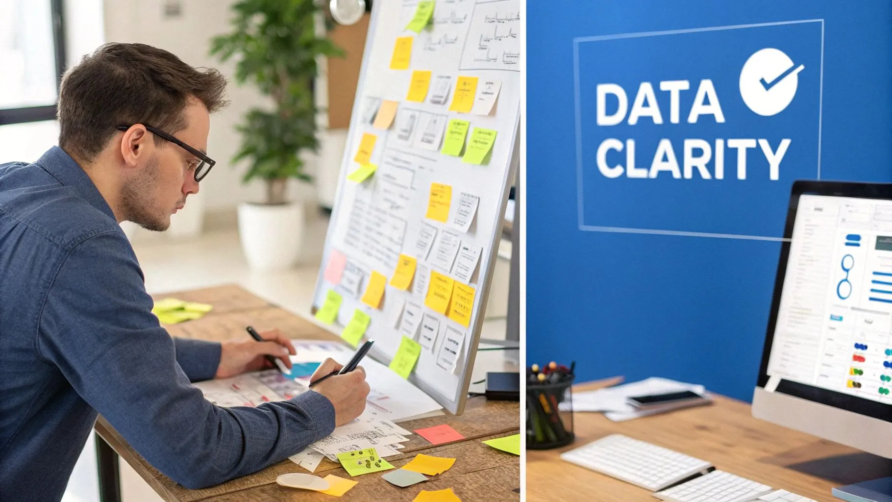 A man works at a desk with sticky notes and a whiteboard, next to a 'Data Clarity' sign and a computer showing data.
