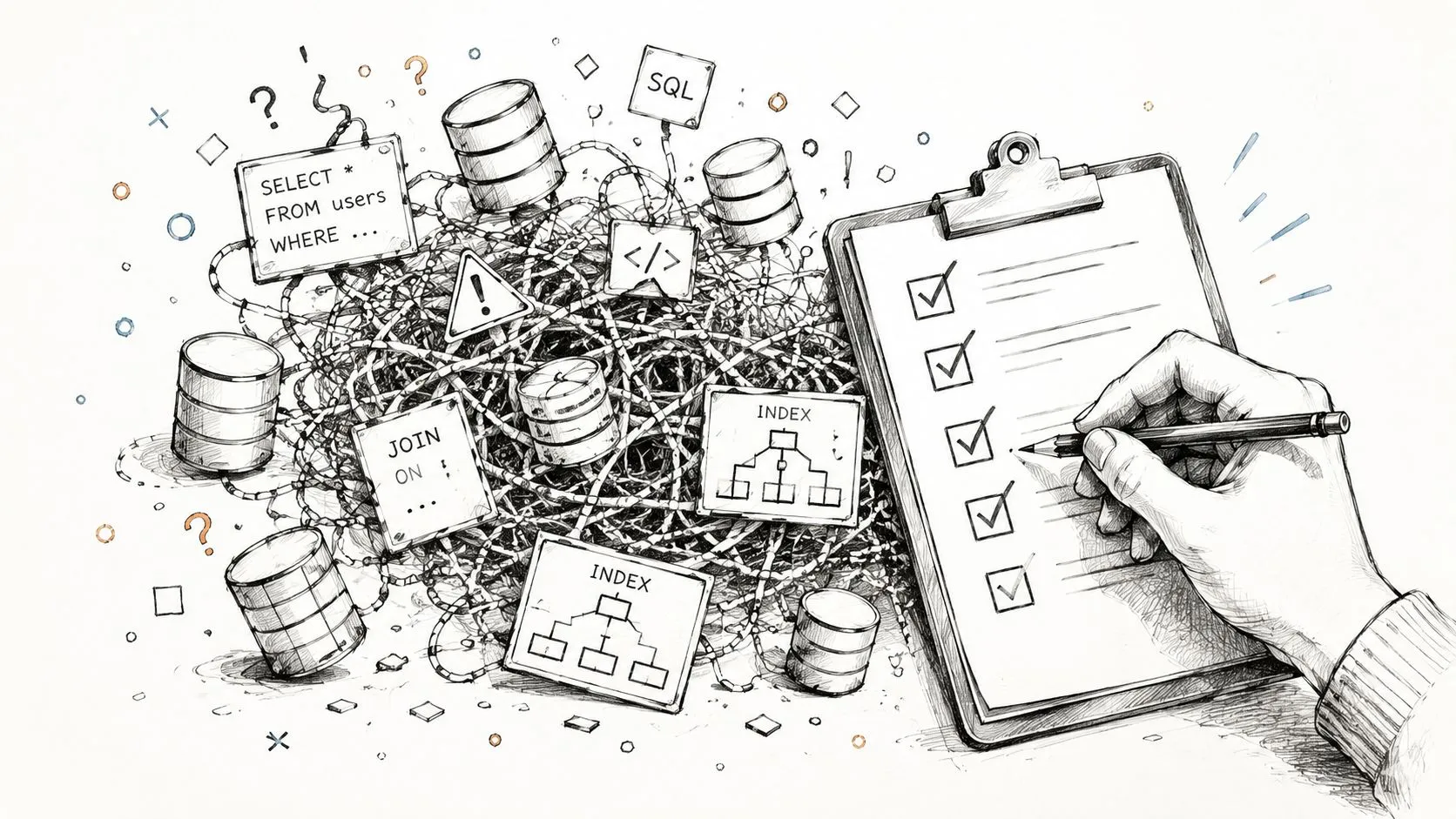 A hand filling out a checklist while surrounded by a messy web of database and SQL query icons.