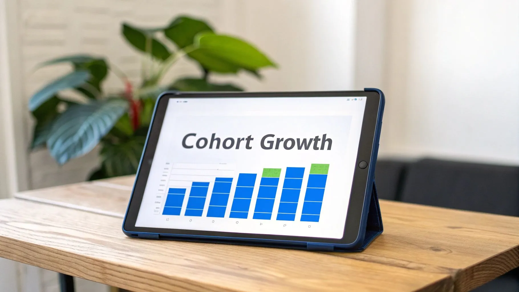 A tablet displays a 'Cohort Growth' bar chart with blue and green segments on a wooden table.