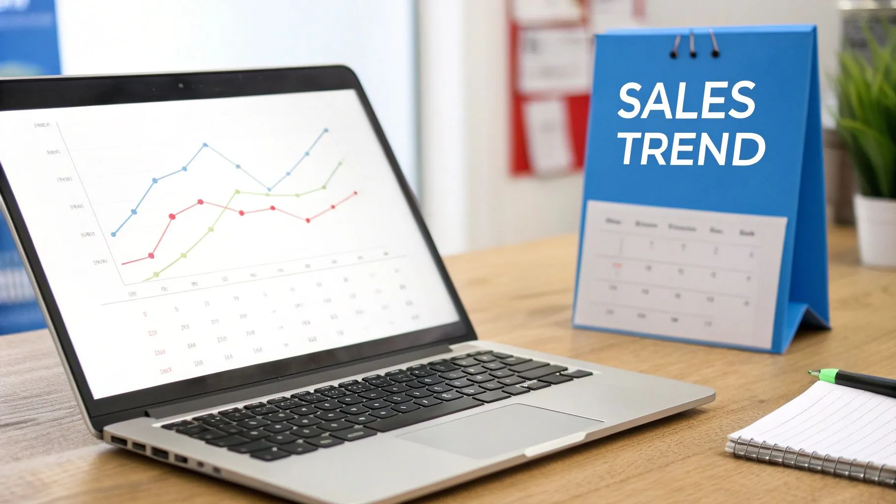 A laptop displaying a multi-line sales trend graph on a wooden desk, next to a 'SALES TREND' calendar.